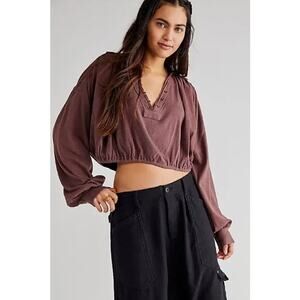 Free People Darren Long Sleeve Cropped Henley Tee Chimney Brown, XS